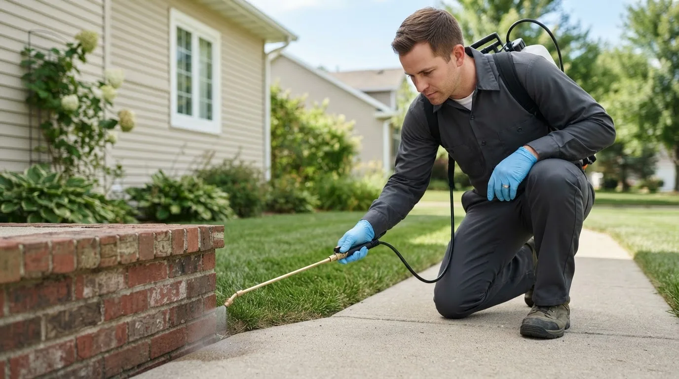 Pest control technician treating a home near Land O Lakes, WI